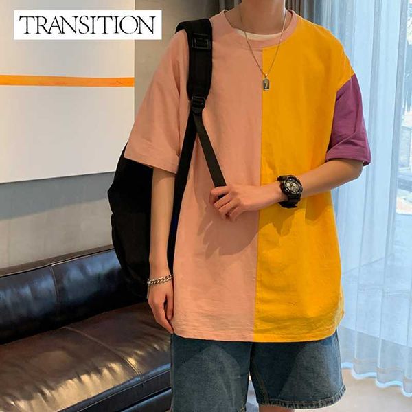 

men's t-shirts transition store summer short-sleeved t-shirt men and women couples hit color stitching trend middle-sleeved loose large, White;black