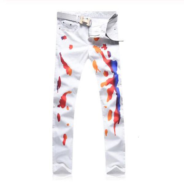 

new men's fashions colored white paint print thin stretch jeans tzqb, Blue