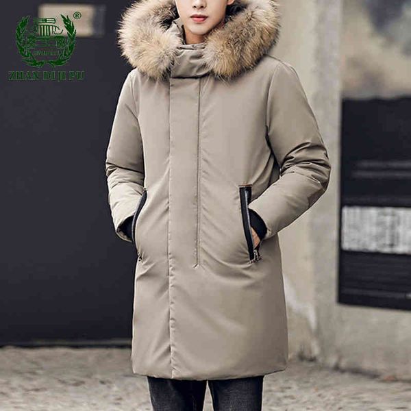 

thicken winter men jacket down warm big fur collar hooded overcoats male casual korean slim mid-length white duck jackets, Black