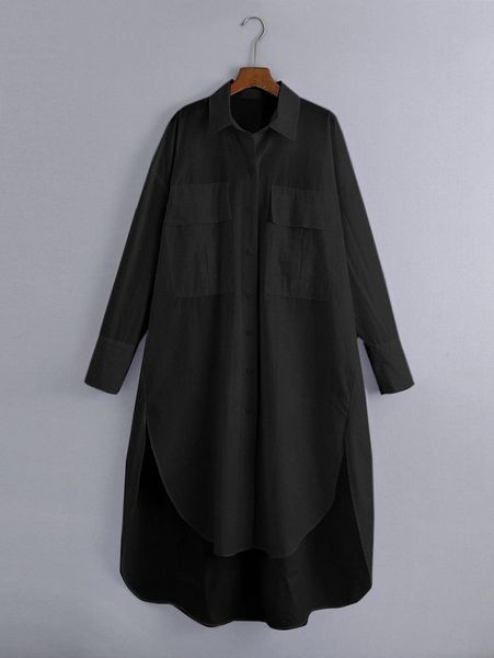 

plus button front flap pocket high low hem dress w93u#, Black