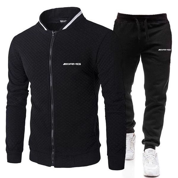 

men's tracksuits spring autumn suit amg pure cotton outdoor baseball wear casual sportswear jacket hoodie and sweatpants, Gray