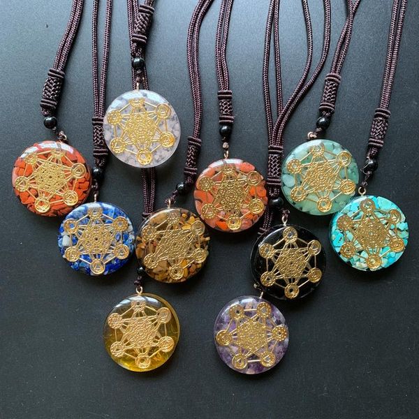 

7 chakra symbols reiki healing crystal chips orgone pendant round resin necklace adjustable chain 1pc, Silver