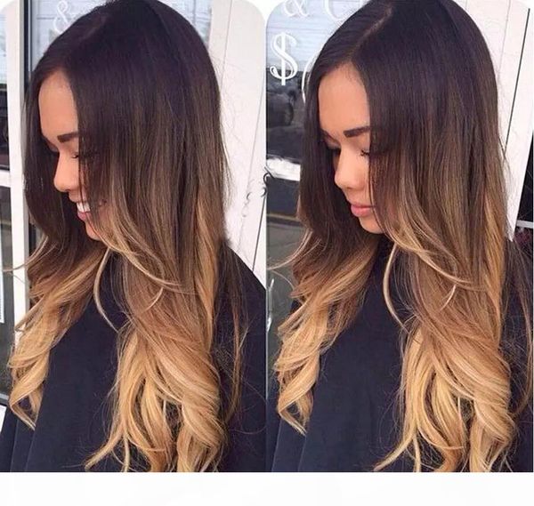 

bythair super wavy full lace human hair wigs for black women brazilian hair three tone #1b 4 27 ombre color lace front wig, Black;brown