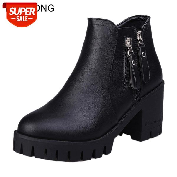 

lcizrong new pu leather .5cm high heel boots women round toe warm england style platform ankle boots black thick bottom shoes #al9k