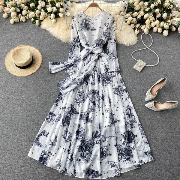 

women ink printed long dress spring autumn elegant o-neck long sleeve high waist slim vacation beach vestidos female maxi robe, Black;gray