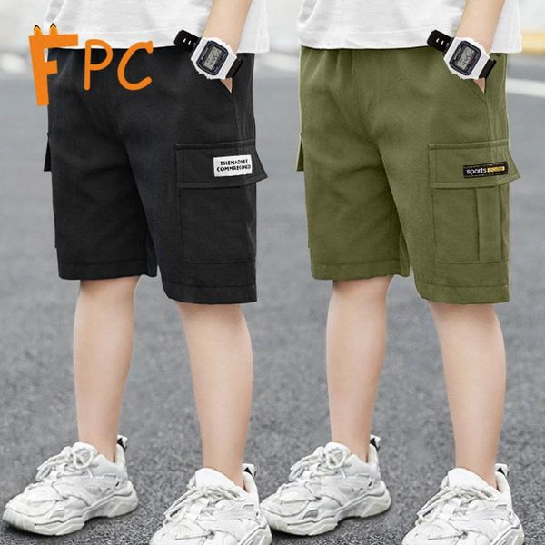 

shorts solid pocket safari for boy straight midi elastic waist cargo short kids pants 2-11years teenagers boys clothes, Black