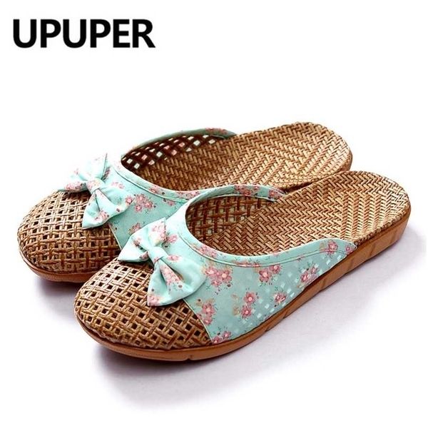 Summer Weaving Lino Home Slipper Stile rustico Rinfrescante Scarpe da donna Cute Bow Sandali traspiranti Flat Slides 211110