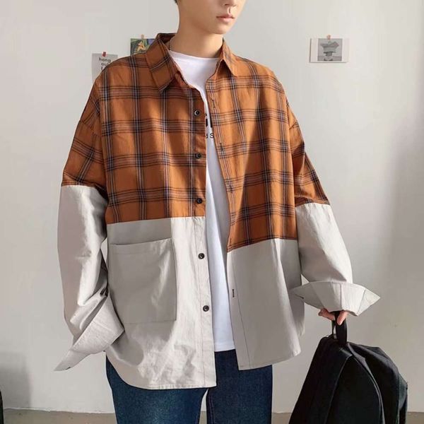 

handsome coat spring new inch men's long sleeve plaid splicing korean fashion loose shirt, White;black