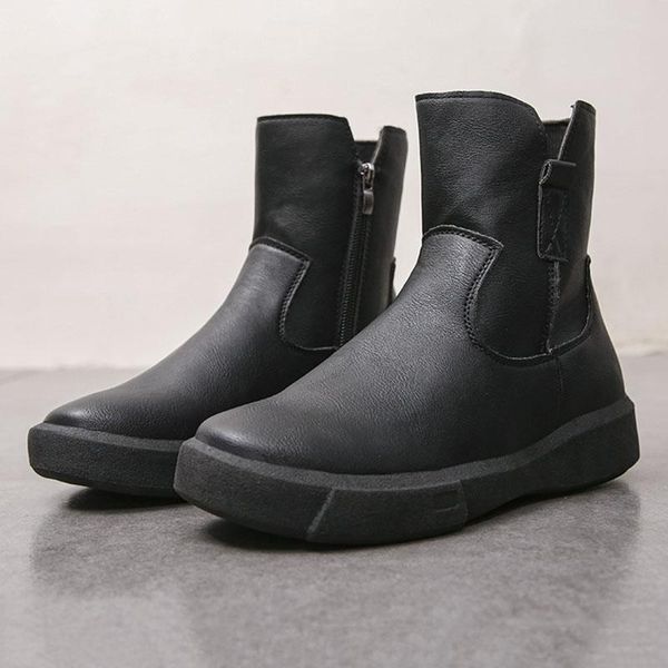 

boots gnome retro leather women side zipper design ladies short vintage vehicle ankle for big size 42 shoes, Black