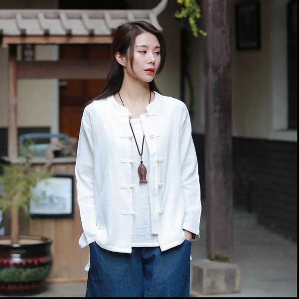 

johnature 6 color women shirts cotton linen stand long sleeve button blouses 2021 spring new style solid color shirt, White