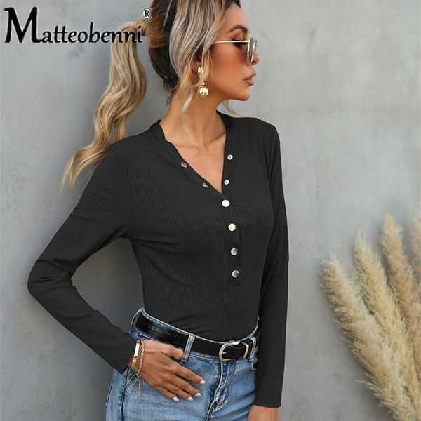 

new women fashion solid knitted slim t-shirt 2021 spring autumn casual streetwear female long sleeve button v-neck 2xl qe9h, White