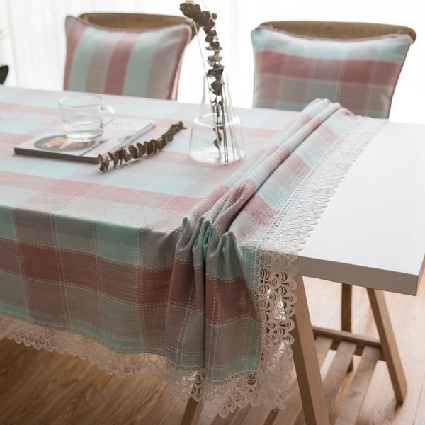 

waterproof embroidered plaid table cloth with lace cotton table mat tablecloth