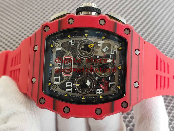 

mens luxury racing red rubber wristwatch movement rm11-03 flyback skeleton bands transparent automatic fashion men ceramic dial watches, Slivery;brown