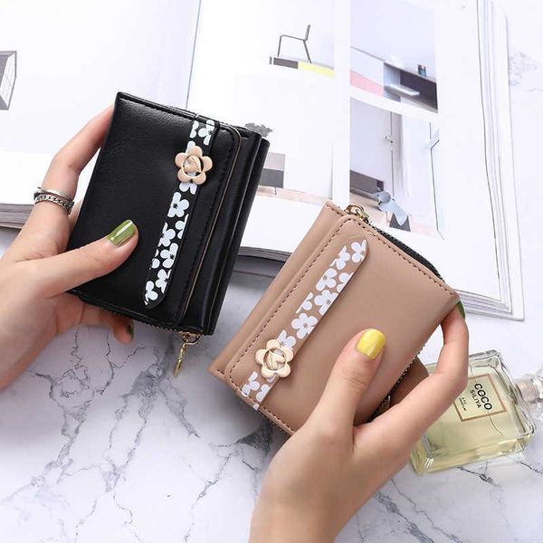 

purse style wallet women's short korean cute zipper large capacity multi card three fold small fresh student zero, White
