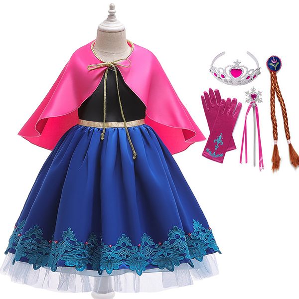 

girls anna dress princess costume cosplay snow queen frock kids summer clothes princess dress with cloak children party disguise, Red;yellow