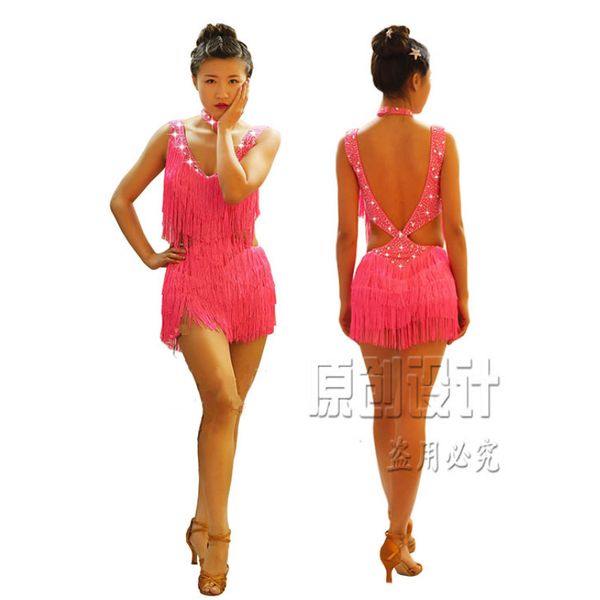 

latin dance dress sparkly rhinestone fringe salsa skirt stage show performance dresses lady ballroom competition clothes, Black;red