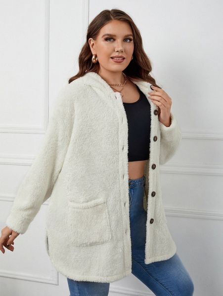 

plus drop shoulder hooded teddy coat a1zt#, Black