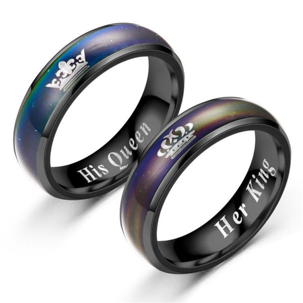 

wedding rings fashion her king his queen couple stainless steel lovers mood ring unique color temperature numbers changing, Slivery;golden
