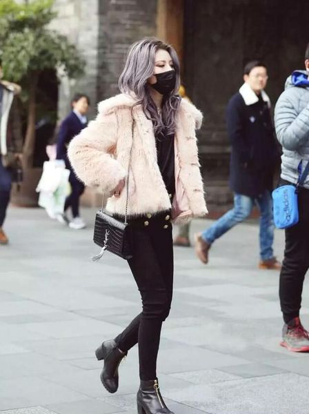 

2019 winter lapel hairy shaggy pink faux fur jacket pink long sleeve furry fur women coat short outerwear, Black