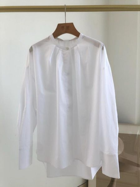 

100% cotton womens loose white blouse silhouette long-sleeved pleated o-neck single-breasted shirt and with buttons 2021 new