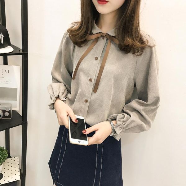 

women's blouses & shirts 2021 summer women bow neck turn-down collar solid lantern sleeved loose office lady elegant outwear, White