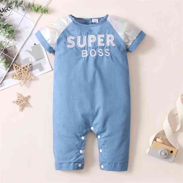 

baby short-sleeve letter print denim casual jumpsuit 210528, Blue