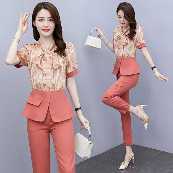 

summer fashion temperament women 2 piece sets office ol elegant print short sleeve shirt + solid long pants suits 210531, White