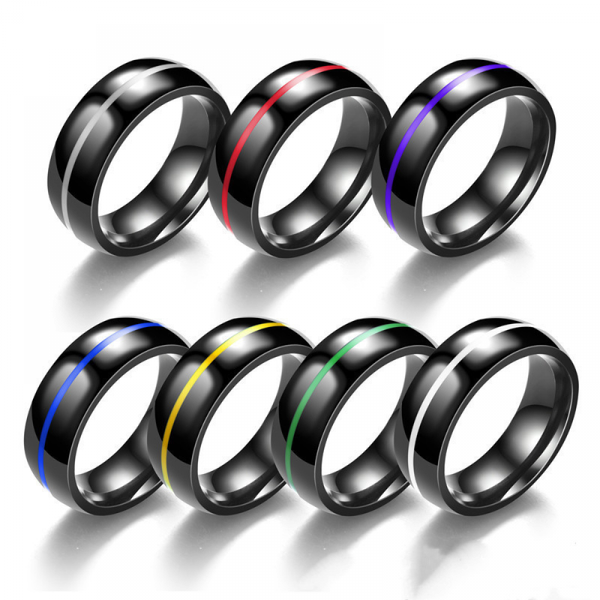 

wedding rings men's stainless steel simple glossy ring inlaid black red blue green white line engagement jewelry band for men, Slivery;golden