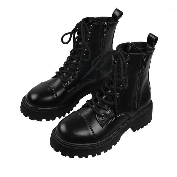 

boots eoeodoit 2021 autumn women leather moto booties 4.5 cm med heel platform lady casual pumps shoes1, Black