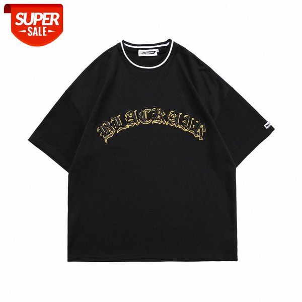 

european and american style letter embroidery stitching short-sleeved t-shirt men's ins street flow loose round neck five-point sleeve, White;black