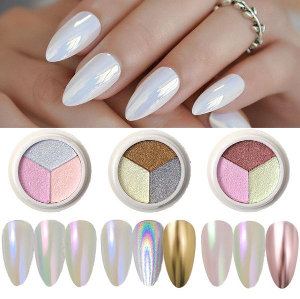 

nail glitter 3 in 1 solid powder pearl sparkle dust mirror pigment iridescent for uv gel polish decorations, Silver;gold