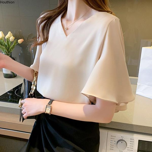 

women's blouses & shirts chiffon slim women casual blouse solid color v-neck pullover shirt summer fashion lotus leaf short sleeve 3002, White