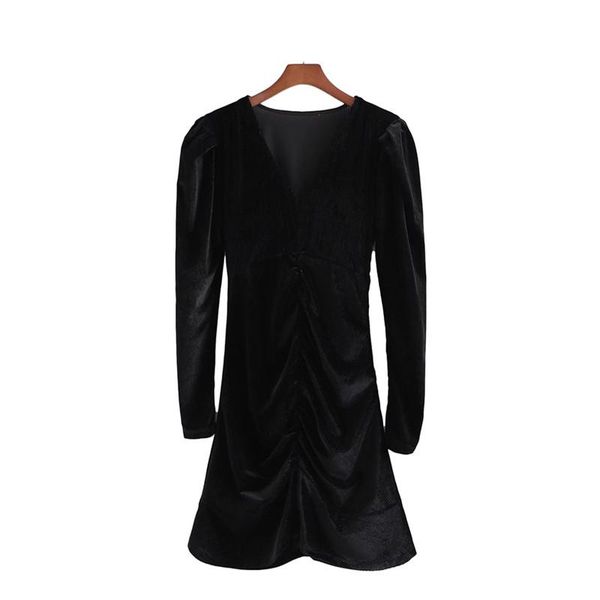 

casual dresses puwd elegant woman black velvet ruffles mini dress 2021 spring fashion ladies v neck party female draped, Black;gray