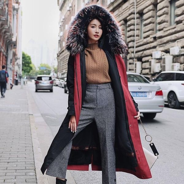 

women's fur & faux 2021 long woman knee raccoon dog big vest collar rex liner detachable one coat manteau femme hiver, Black