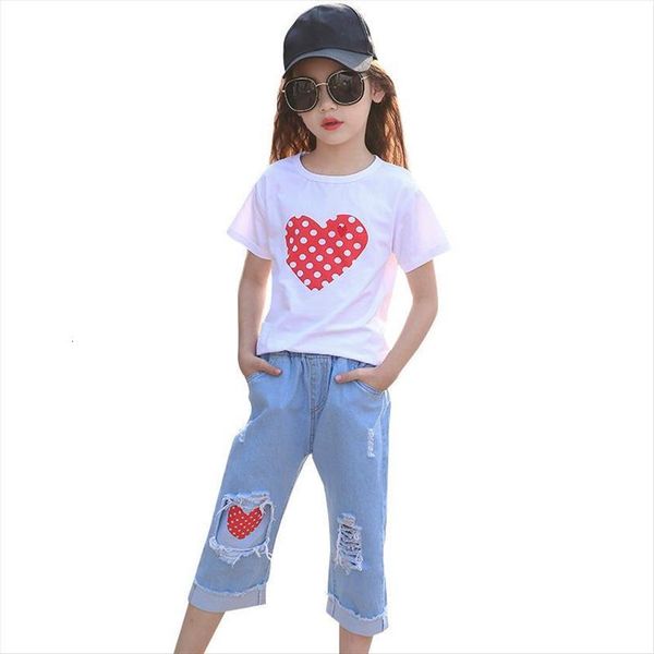 

girl clothes set summer for short sleeve print heart ripped jeans shorts children outfits size 6 8 10 12 years, White