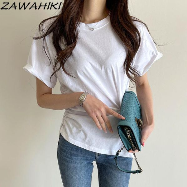 

women's t-shirt zawahiki y2k aesthetic solid woman tshirts summer korean fashion o-neck lateral folds minimalism style slim mujer camis, White