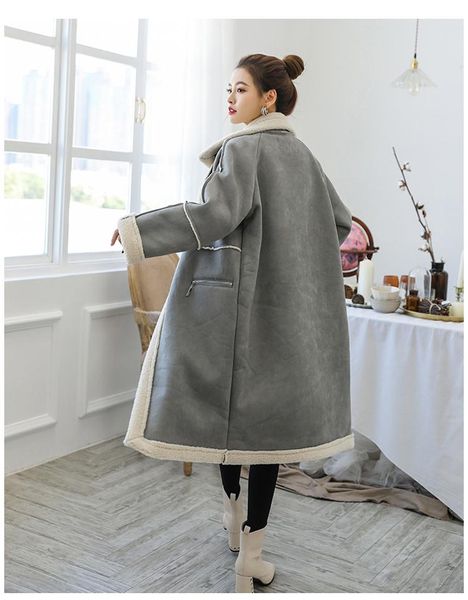 

women's leather & faux korea 2021 winter women sheepskin suede coat thick flocking wool long coats plus size outerwear, Black