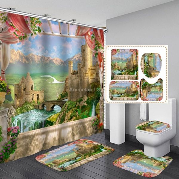 

shower curtains romantic window scenery curtain sky mountain gift with non slip rug mat bathroom waterproof polyester home decor