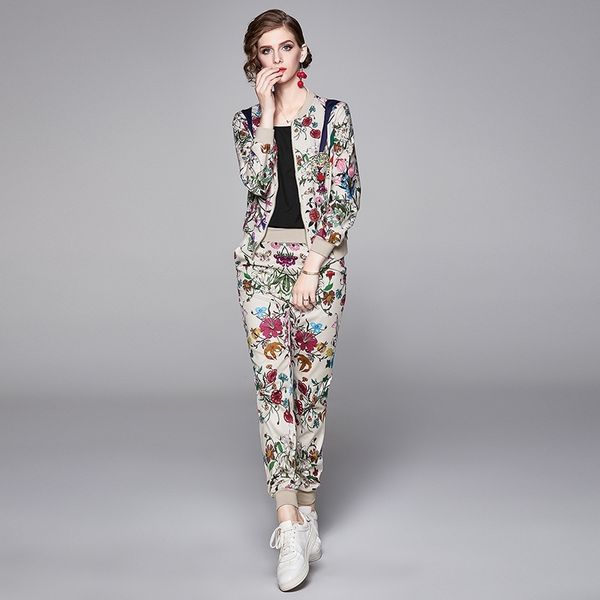 

banulin two piece set women fashion autumn winter tracksuit long sleeve floral zipper jacket coat + pants 210603, White