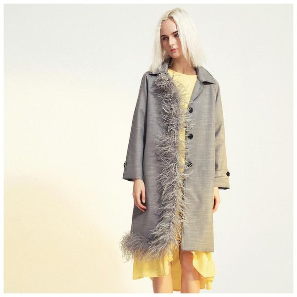 

2021 new fashion solid feather plaid irregular patchwork turn down collar full mid-length trench coat women, Tan;black