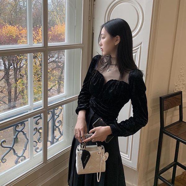 

2021 new corduroy women pullovers net yarn turtleneck long sleeve blouse shirts elegant vintage style female winter, White;black