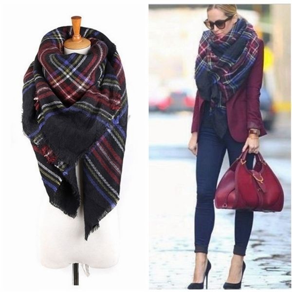 

140*140cm women men warm blanket large oversized tartan scarf wrap shawl bufandas plaid cozy checked pashmina scarves t200407, Blue;gray