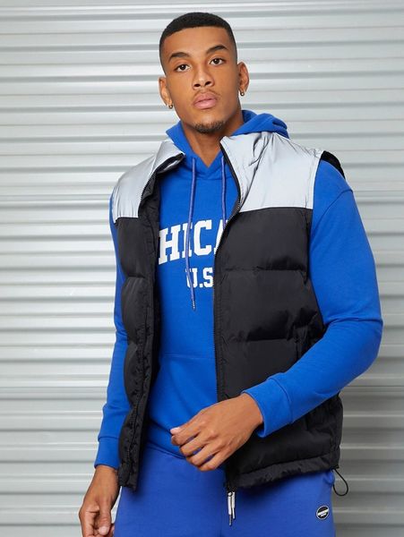 

men color block zipper vest puffer coat b7s6#, Black;brown