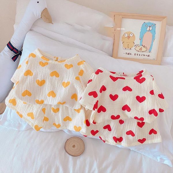 

summer girls suit love breathable gauze cotton t shirt shorts 2 pcs set, White