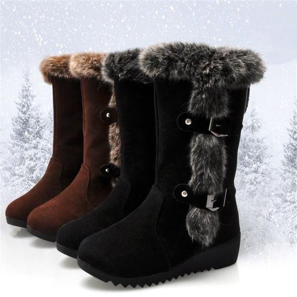 

boots winter women casual warm fur mid-calf shoes slip-on round toe wedges snow muje plus size 42, Black