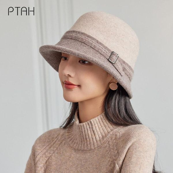 

wide brim hats [ptah] women's casual tweed hat autumn fedoras girl french artist warm soft wool winter beanie cap vintage elegant lady, Blue;gray