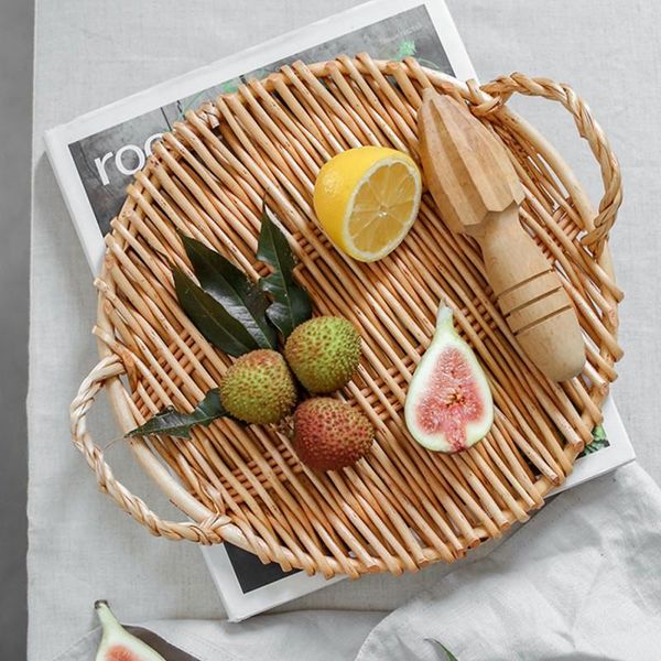 

kitchen storage & organization handmade woven food basket fruit plate rattan picnic tray with handle breaskfast serving home organizer
