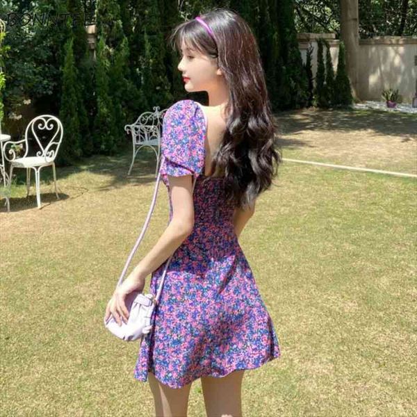 

dress women holiday sweet trendy summer femme a-line sundress backless design korean floral purple puff sleeve ladies vestidos, Black;gray