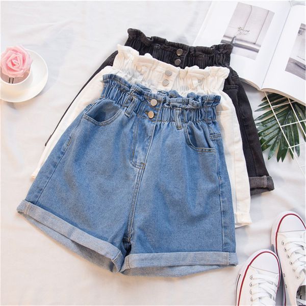 

2021 new 5xl plus summer black women's denim large size harem ruffle white high shorts elastic waist jeans female y358 08xo, Blue