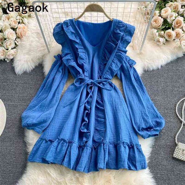 

dresses women summer v-neck puff sleeve ruffles sweet solid mini dress fashion slim chic wild vestido feminino 210531, Black;gray